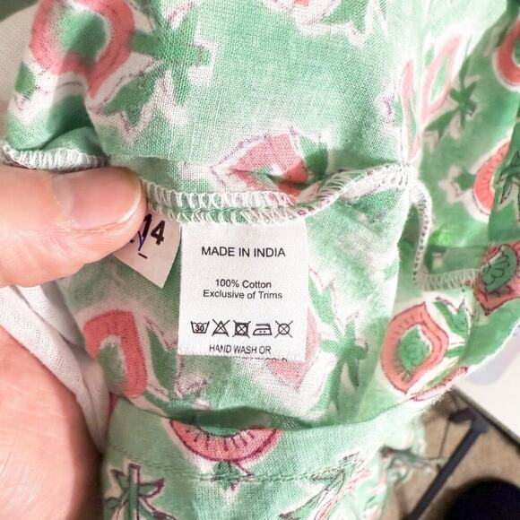 Marea Green & Pink Floral Print Blouse Small 100% Cotton Button Up Bubble Sleeve - Picture 8 of 9